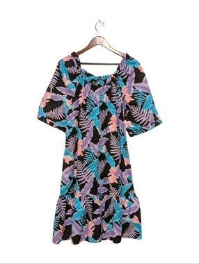Vintage Hilo Hattie Ruffle Neck Muumuu Summer Day Dress Floral Hawaiian M 80s
